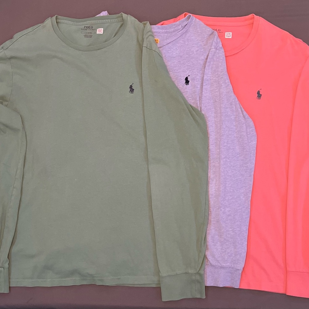 3 Polo Ralph Lauren Men's Long-Sleeve T-shirts - Green, Light Blue, Pink